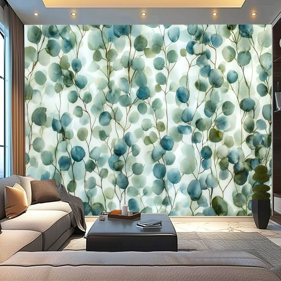 Peel and Stick Wallpaper Canvas Eucalyptus Leaves Branches Soft Green Tones Botanical Elements Natural Modern Art Wall Mural Decor Self Adhesive and Removable 100in x 144in