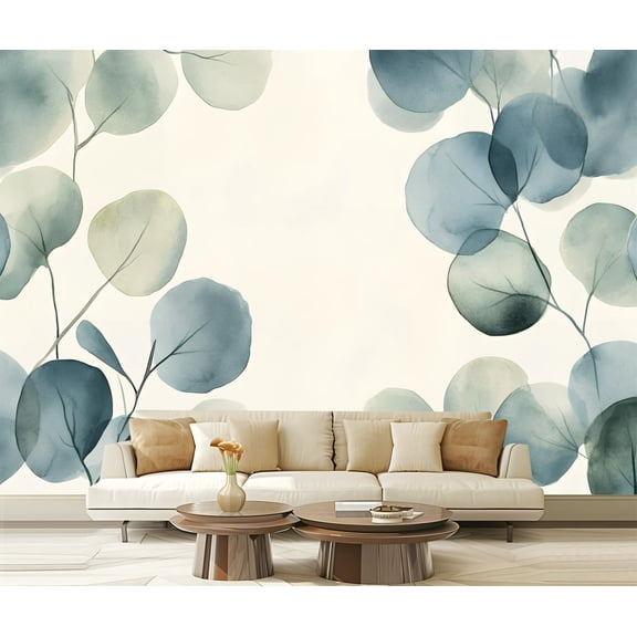 Peel and Stick Wallpaper Canvas Eucalyptus Leaves Green Shades Blue Tones Botanical Elements Leaf Modern Art Wall Mural Decor Self Adhesive and Removable 69in x 98in