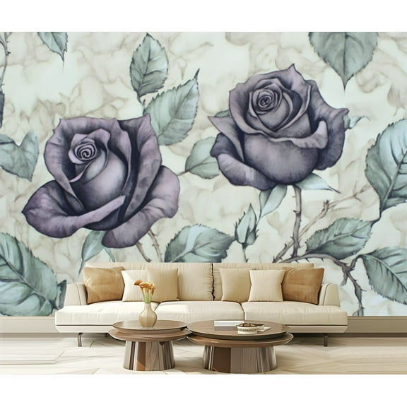 Peel and Stick Wallpaper Canvas Floral Dark Floral Roses Leaves Buds Stems Petals Watercolor Technique Modern Art Wall Mural Decor Self Adhesive and Removable 69in x 98in