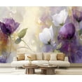 thumbnail image 1 of Peel and Stick Wallpaper Canvas Floral White Purple Leaf Boho Purple Flowers Green Stems Petals Leaves Modern Art Wall Mural Decor Self Adhesive and Removable 69in x 98in, 1 of 6