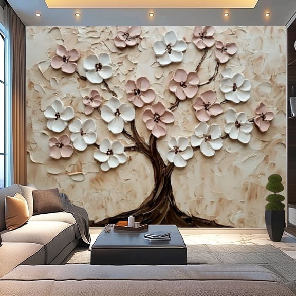 Peel and Stick Wallpaper Canvas Flower Plum Blossom Elegant Beige Brown Pink Floral Blossoming Tree Modern Art Wall Mural Decor Self Adhesive and Removable 100in x 144in