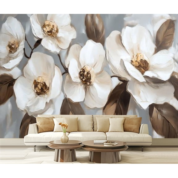 Peel and Stick Wallpaper Canvas Flowers Abstract Flowers Textured Retro White Brown White Flowers Modern Art Wall Mural Decor Self Adhesive and Removable 69in x 98in