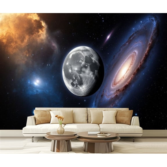 Peel and Stick Wallpaper Canvas Galaxy Blue Planet Ceiling Moon Nebula Stars Space Painting Abstract Modern Art Wall Mural Decor Self Adhesive and Removable 69in x 98in