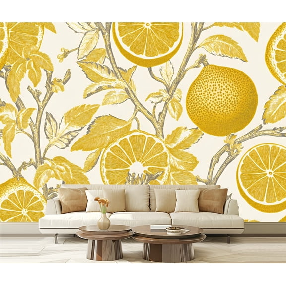 Peel and Stick Wallpaper Canvas Gold White Boho Floral Vintage Fruit Floral Flowers Leaves Foliage Modern Art Wall Mural Decor Self Adhesive and Removable 69in x 98in