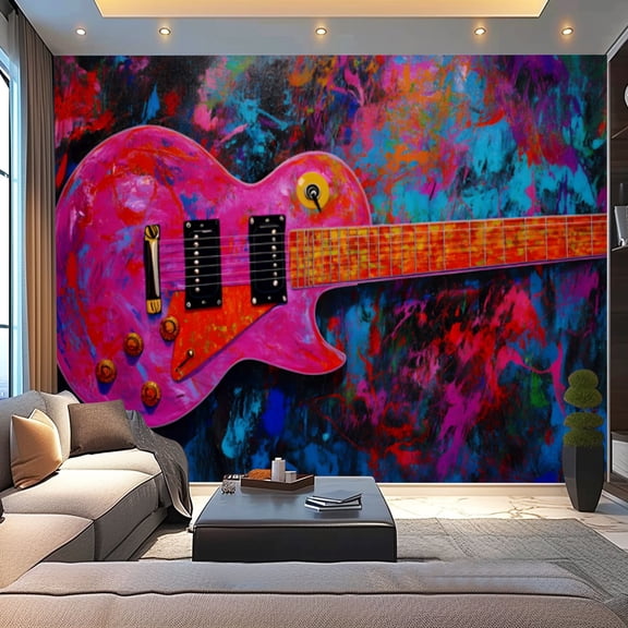 Peel and Stick Wallpaper Canvas Graffiti Colorful Guitar Cool Pop Music Bold Strokes Mixed Media Modern Art Wall Mural Decor Self Adhesive and Removable 100in x 144in