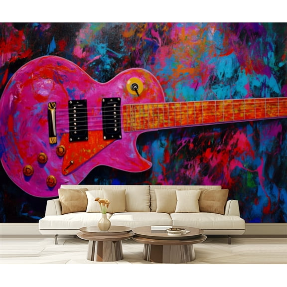 Peel and Stick Wallpaper Canvas Graffiti Colorful Guitar Cool Pop Music Bold Strokes Mixed Media Modern Art Wall Mural Decor Self Adhesive and Removable 69in x 98in
