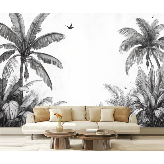 Peel and Stick Wallpaper Canvas Gray Jungle Landscape Tropical Banana Leaf Tropical Palm Trees Banana Modern Art Wall Mural Decor Self Adhesive and Removable 69in x 98in