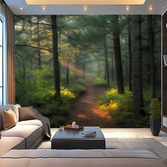 Peel and Stick Wallpaper Canvas Green Forest Nature Landscape Sunlight Pine Trees Natural Wood Frame Modern Art Wall Mural Decor Self Adhesive and Removable 100in x 144in