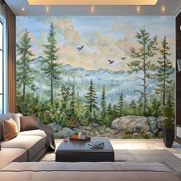 Peel and Stick Wallpaper Canvas Green Forest Woodland Nursery Room Pine Trees Mountains Fog Birds Modern Art Wall Mural Decor Self Adhesive and Removable 100in x 144in