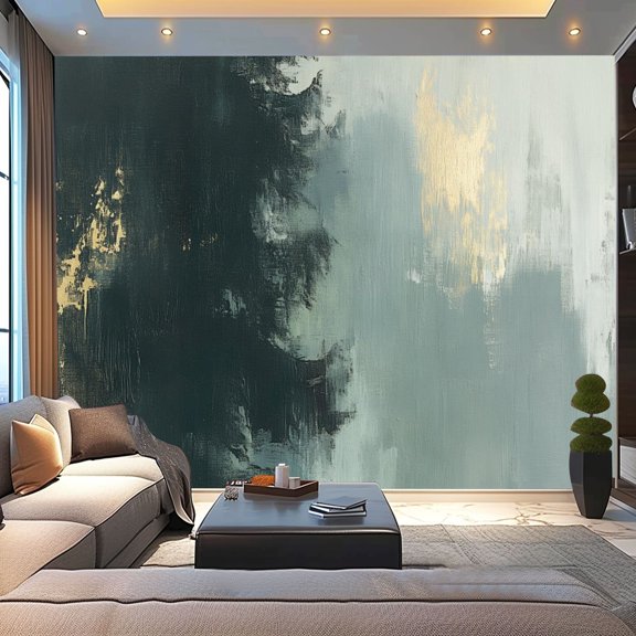 Peel and Stick Wallpaper Canvas Green Grey Green Gold Gold Foil Abstract Black Green Gold Canvas Modern Art Wall Mural Decor Self Adhesive and Removable 100in x 144in