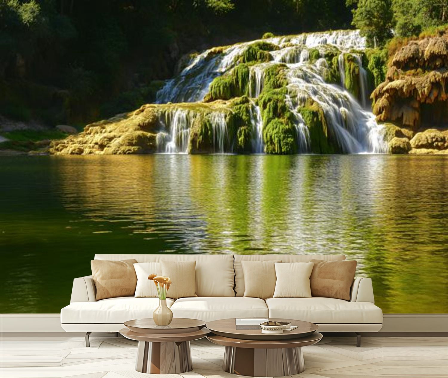Peel and Stick Wallpaper Canvas Green Landscape Nature Lake Waterfall ...