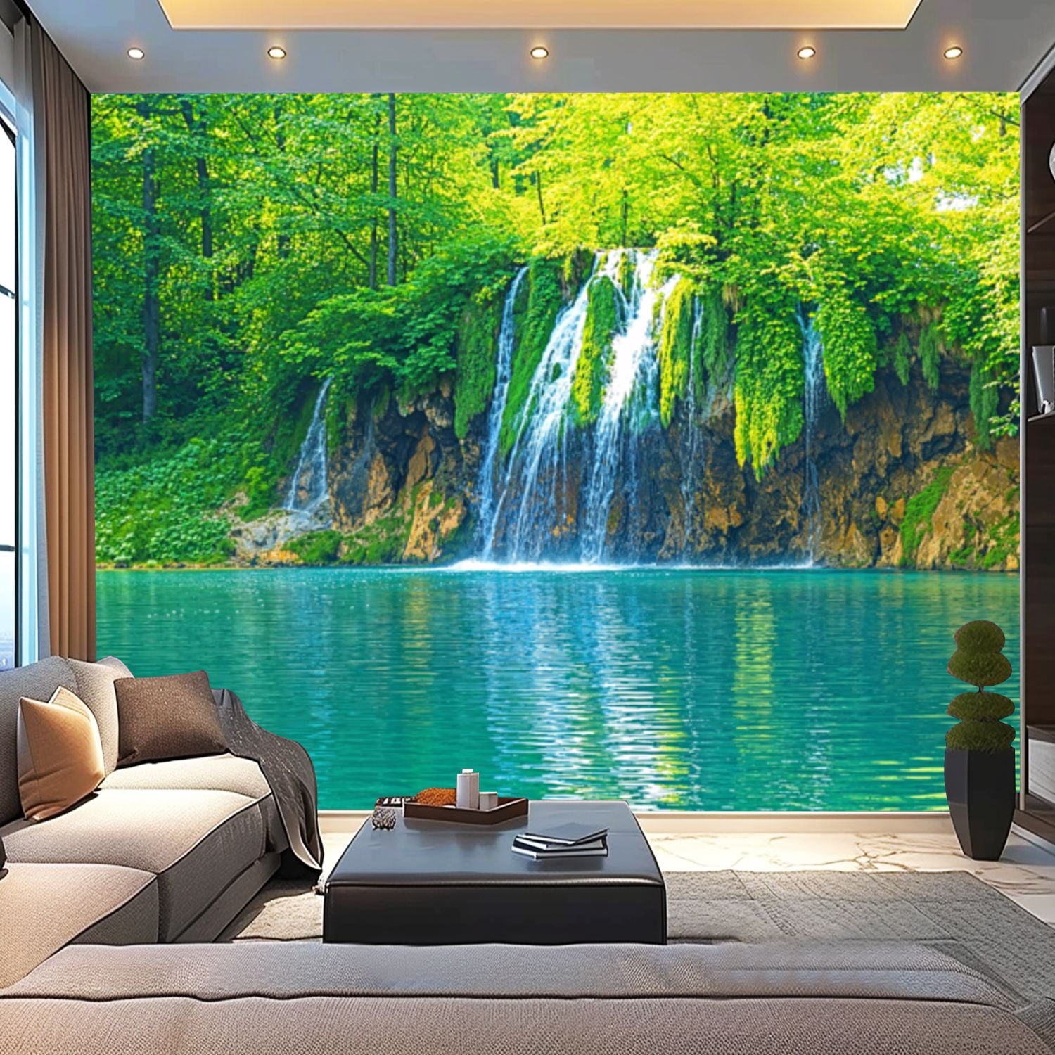 Peel and Stick Wallpaper Canvas Green Landscape Nature Lake Waterfall ...