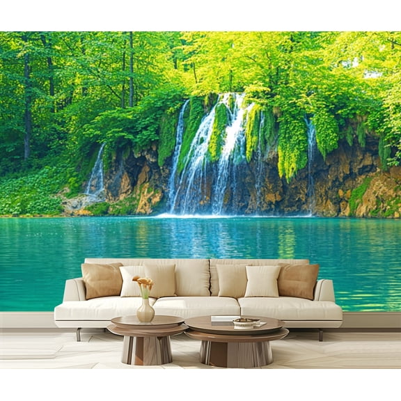 Peel and Stick Wallpaper Canvas Green Landscape Nature Lake Waterfall Greenery Flowing Water Tropical Modern Art Wall Mural Decor Self Adhesive and Removable 69in x 98in