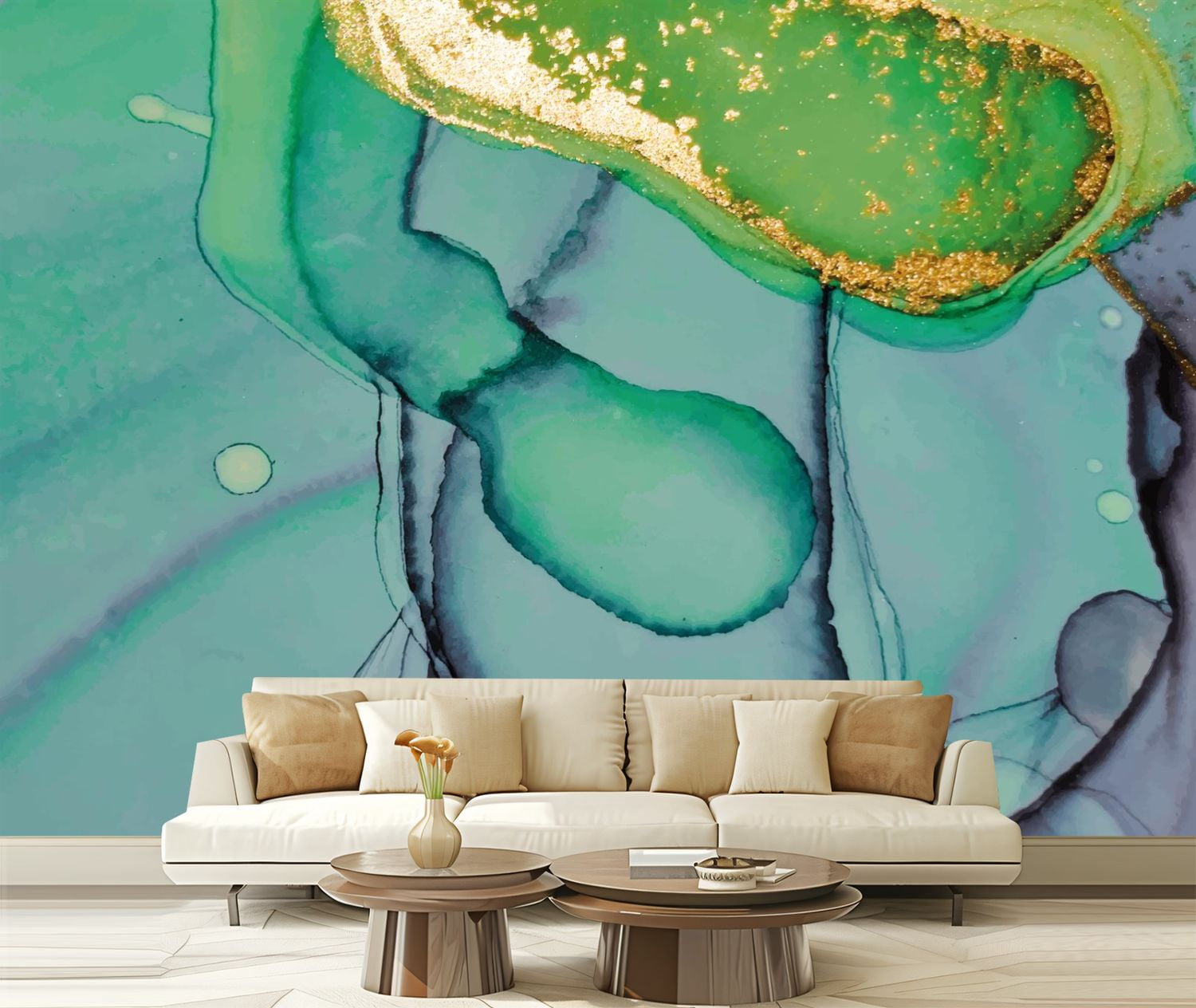 Peel and Stick Wallpaper Canvas Green Water Color Marble Modern Alcohol