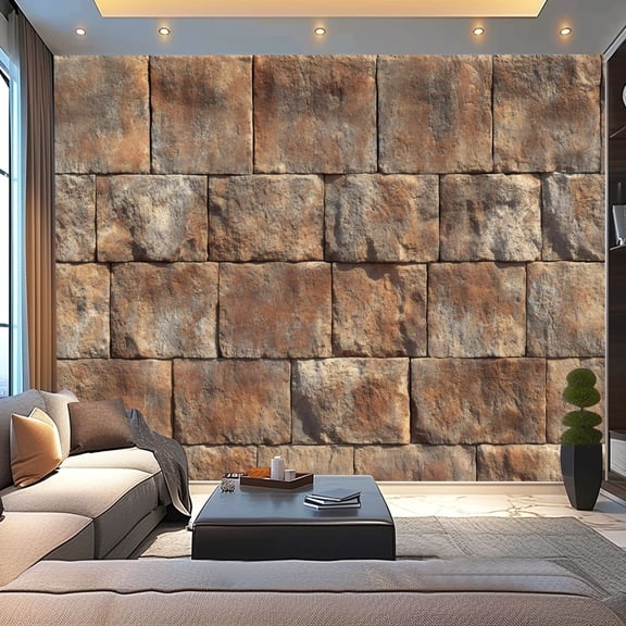 Peel and Stick Wallpaper Canvas Hadrian Stone Wall Brown Stone Wall Rough Surface Layered Rocks Modern Art Wall Mural Decor Self Adhesive and Removable 100in x 144in