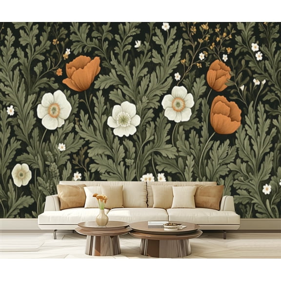 Peel and Stick Wallpaper Canvas Leaves Floral Patterns Delicate Flowers Nature Motifs Botanical Modern Art Wall Mural Decor Self Adhesive and Removable 69in x 98in