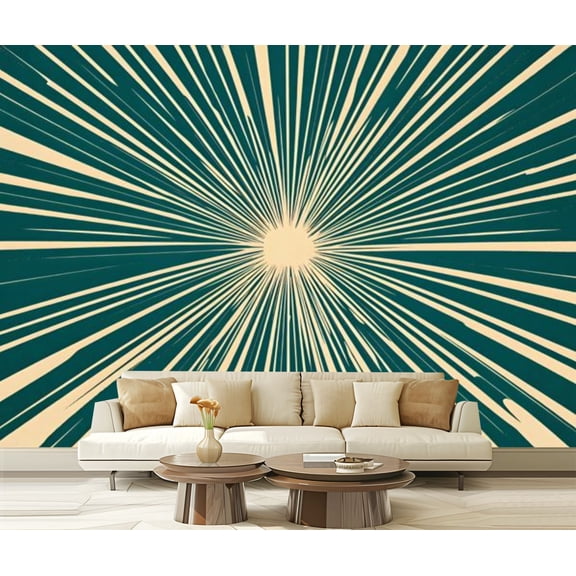 Peel and Stick Wallpaper Canvas Mid Century Teal Gold Radiating Lines Central Focal Points Circular Modern Art Wall Mural Decor Self Adhesive and Removable 69in x 98in