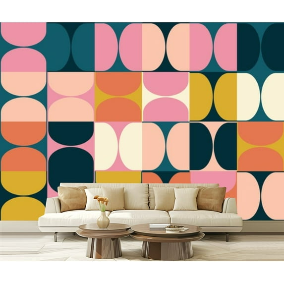 Peel and Stick Wallpaper Canvas Mid century geometric abstract simple shapes beautiful color palette Modern Art Wall Mural Decor Self Adhesive and Removable 69in x 98in
