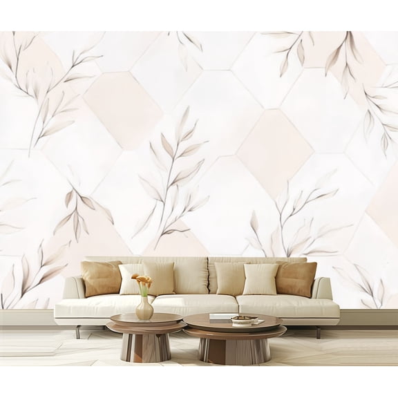 Peel and Stick Wallpaper Canvas Modern Boho Beige White Decorative Repeated Leaves Hexagonal Layout Modern Art Wall Mural Decor Self Adhesive and Removable 69in x 98in