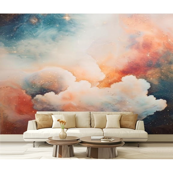 Peel and Stick Wallpaper Canvas Modern Rainbow Galaxy Fantasy Repeat Cloud Print Clouds Stars Nebula Modern Art Wall Mural Decor Self Adhesive and Removable 69in x 98in