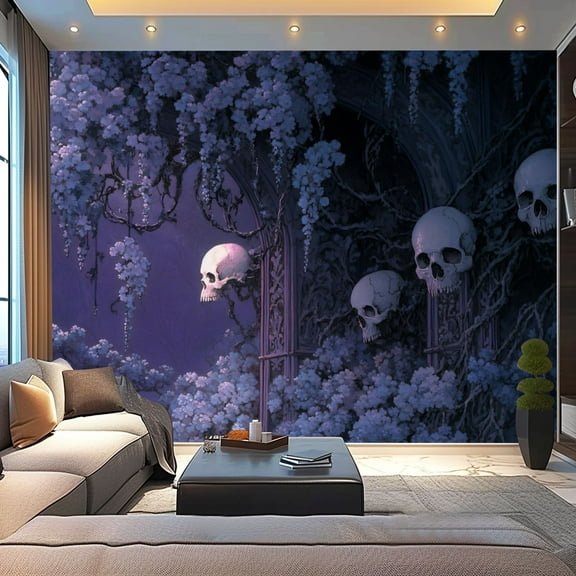 Peel and Stick Wallpaper Canvas Moody Gothic Skulls Baroque Flowers Purple Art Poster Modern Art Wall Mural Decor Self Adhesive and Removable 100in x 144in