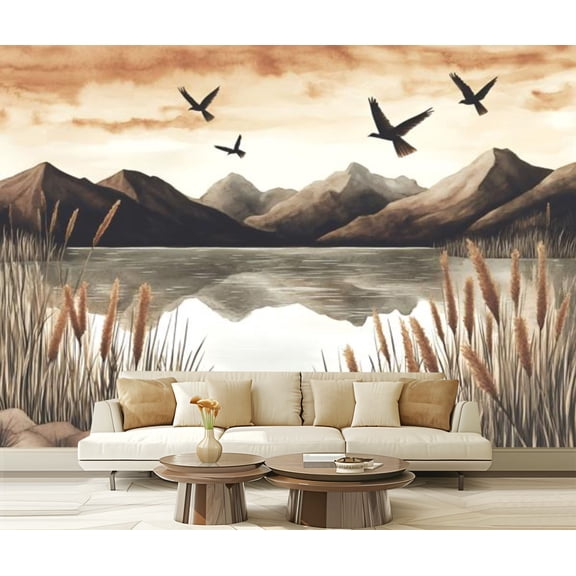 Peel and Stick Wallpaper Canvas Mountain Peak Lake Wall Mural Tall Reeds Mountains Water Body Birds Modern Art Wall Mural Decor Self Adhesive and Removable 69in x 98in