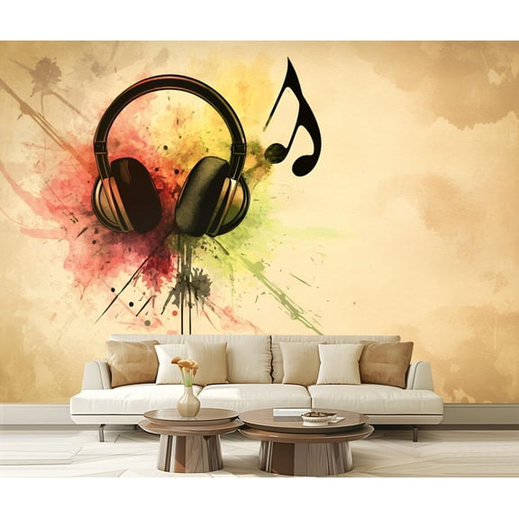 Peel and Stick Wallpaper Canvas Music Artistic Microphone Headset Modern Headphones Note Color Modern Art Wall Mural Decor Self Adhesive and Removable 69in x 98in