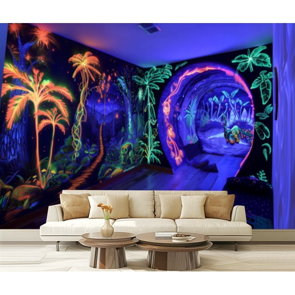 Peel and Stick Wallpaper Canvas Mystic Tunnel Blacklight Poster Boys Room Perspective Jungle Art Modern Art Wall Mural Decor Self Adhesive and Removable 69in x 98in
