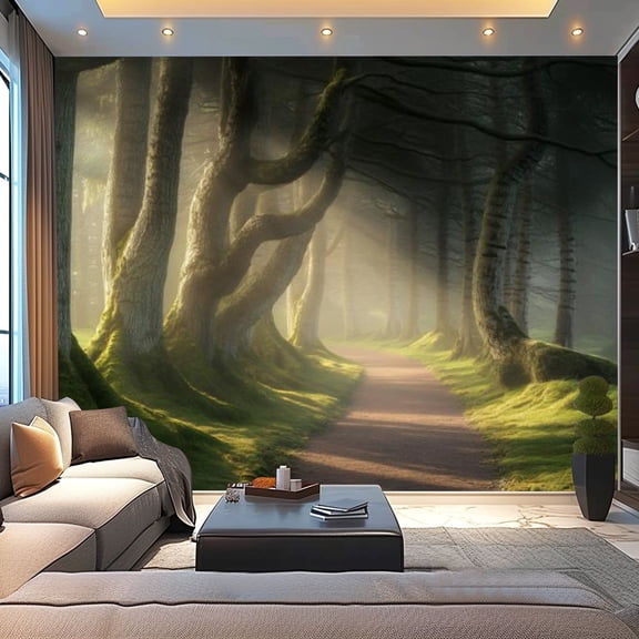 Peel and Stick Wallpaper Canvas Mystical Woodland Dense Forest Trees Moss Sunlight Filtering Trees Modern Art Wall Mural Decor Self Adhesive and Removable 100in x 144in