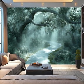 Peel and Stick Wallpaper Canvas Mystical Woodland Dense Forest Trees Moss Sunlight Filtering Trees Modern Art Wall Mural Decor Self Adhesive and Removable 100in x 144in