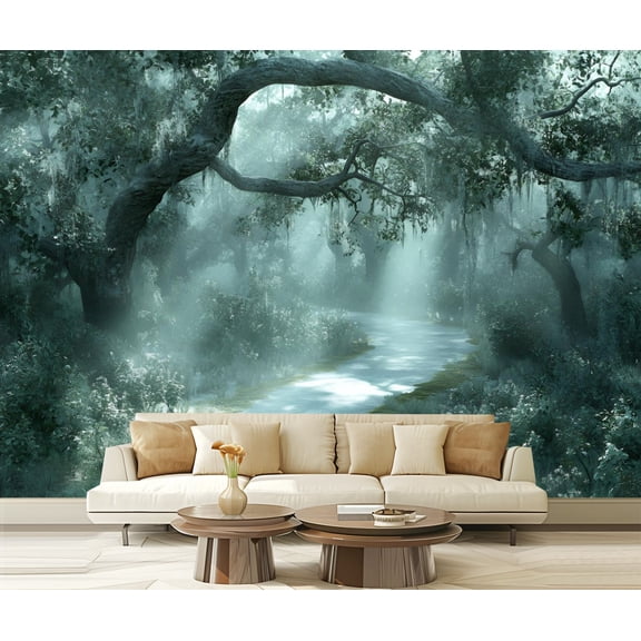 Peel and Stick Wallpaper Canvas Mystical Woodland Dense Forest Trees Moss Sunlight Filtering Trees Modern Art Wall Mural Decor Self Adhesive and Removable 69in x 98in