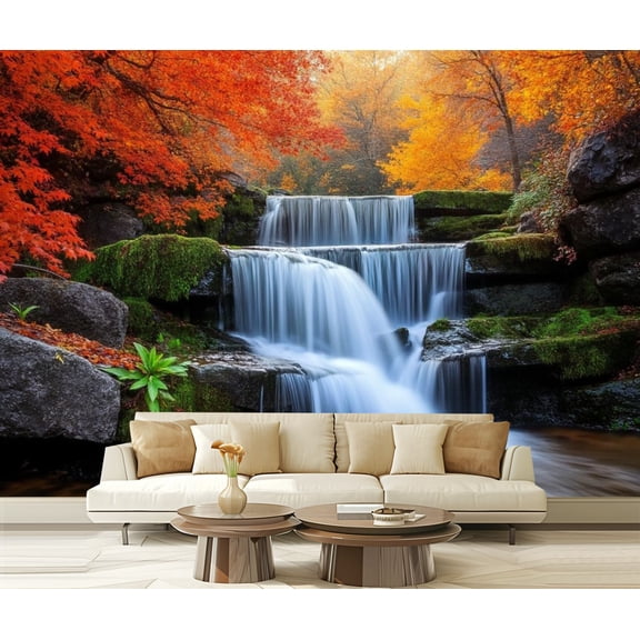 Peel and Stick Wallpaper Canvas Nature Mountain Red Forest Trees Autumn Stream River National Park Modern Art Wall Mural Decor Self Adhesive and Removable 69in x 98in