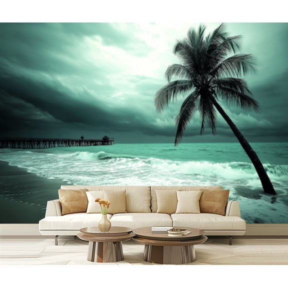 Peel and Stick Wallpaper Canvas Ocean Beach Coastal Seascape Mint Green Tropical Turquoise Palm Tree Modern Art Wall Mural Decor Self Adhesive and Removable 69in x 98in
