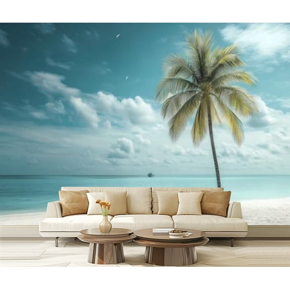 Peel and Stick Wallpaper Canvas Ocean Beach Coastal Seascape Mint Green Tropical Turquoise Palm Tree Modern Art Wall Mural Decor Self Adhesive and Removable 69in x 98in