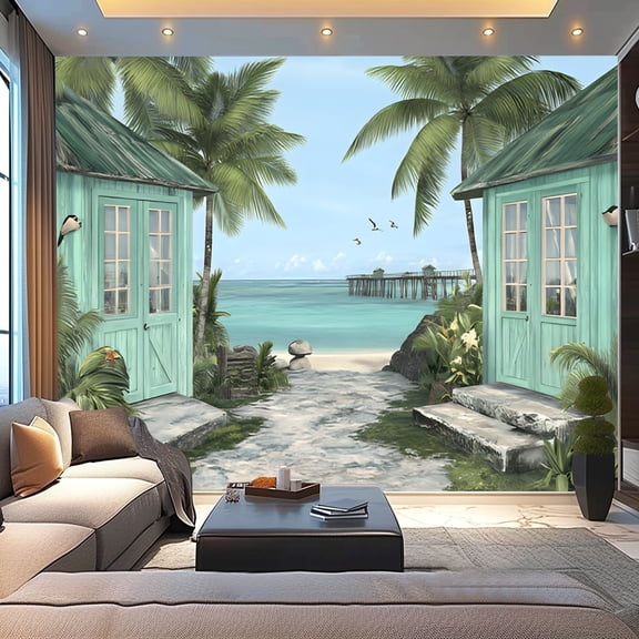 Peel and Stick Wallpaper Canvas Ocean Beach Coastal Seascape Mint Green Tropical Turquoise Palm Tree Modern Art Wall Mural Decor Self Adhesive and Removable 100in x 144in