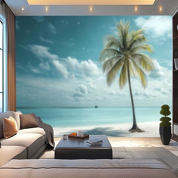 Peel and Stick Wallpaper Canvas Ocean Beach Coastal Seascape Mint Green Tropical Turquoise Palm Tree Modern Art Wall Mural Decor Self Adhesive and Removable 100in x 144in