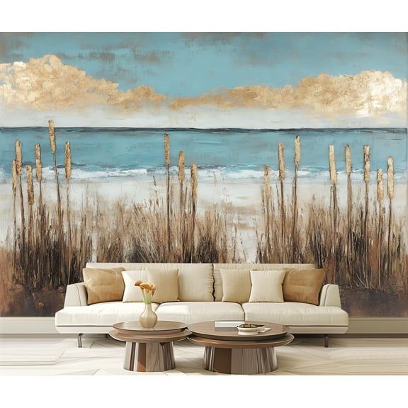Peel and Stick Wallpaper Canvas Ocean Canvas Teal Coastal Painting Nature Turquoise Landscape Modern Art Wall Mural Decor Self Adhesive and Removable 69in x 98in