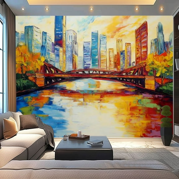 Peel and Stick Wallpaper Canvas Oil Painting Chicago City Skyline Bridge Water Reflection Sunset Sky Modern Art Wall Mural Decor Self Adhesive and Removable 100in x 144in