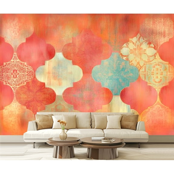 Peel and Stick Wallpaper Canvas Orange Boho Medallion Mandalas Floral Motifs Abstract Shapes Symmetry Modern Art Wall Mural Decor Self Adhesive and Removable 69in x 98in
