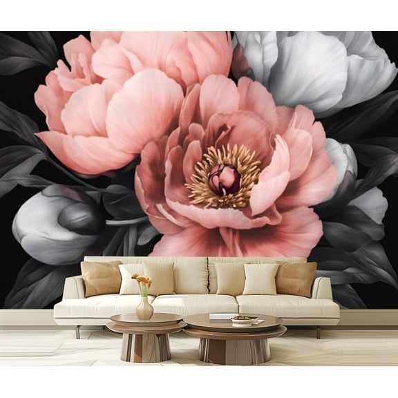 Peel and Stick Wallpaper Canvas Peony Flower Pink Petals Yellow Stamen Gray Leaves Black Watercolor Modern Art Wall Mural Decor Self Adhesive and Removable 69in x 98in
