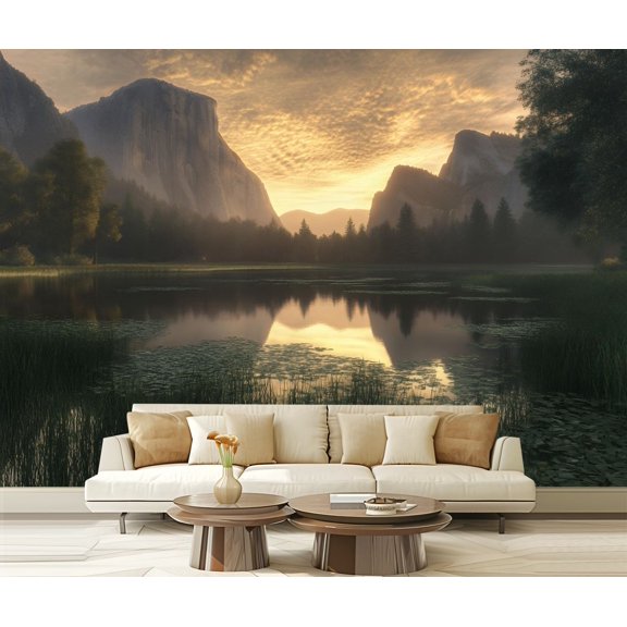 Peel and Stick Wallpaper Canvas Photorealistic Dawn Art Print Forest Sunset Mountains Lake Trees Modern Art Wall Mural Decor Self Adhesive and Removable 69in x 98in