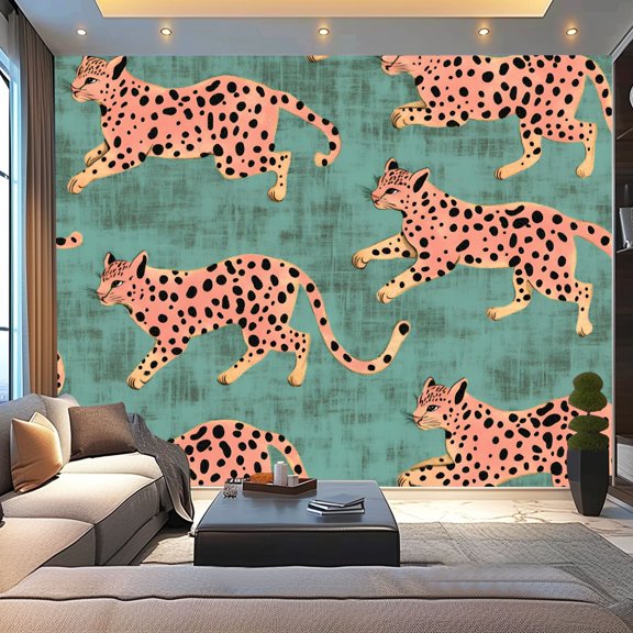 Peel and Stick Wallpaper Canvas Pink Leopard Trendy Pink Leopard Animal Hand Drawn Pink Leopards Modern Art Wall Mural Decor Self Adhesive and Removable 100in x 144in