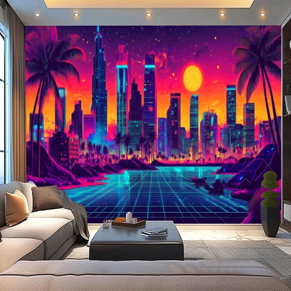 Peel and Stick Wallpaper Canvas Punk City Uv Reactive Blacklight Japanese Future Cityscape Bedroom Modern Art Wall Mural Decor Self Adhesive and Removable 100in x 144in