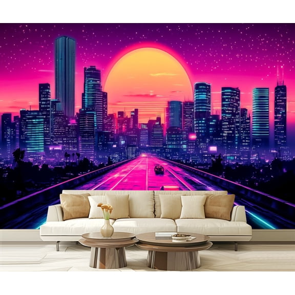Peel and Stick Wallpaper Canvas Punk Cityscape Neon Street Game Scene Japanese Anime Sunset Modern Art Wall Mural Decor Self Adhesive and Removable 69in x 98in