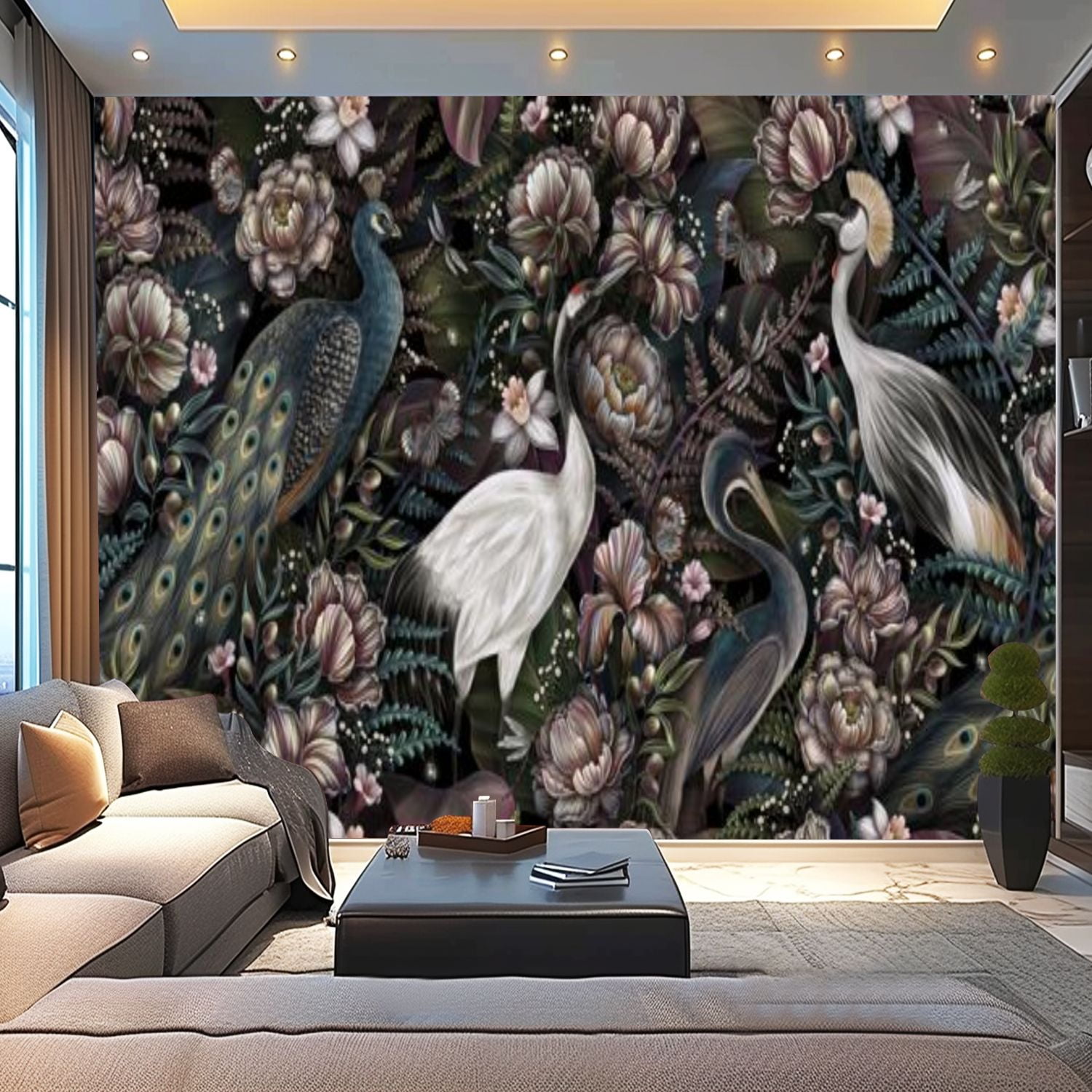 Peel and Stick Wallpaper Canvas Royal birds crane heron Tropical