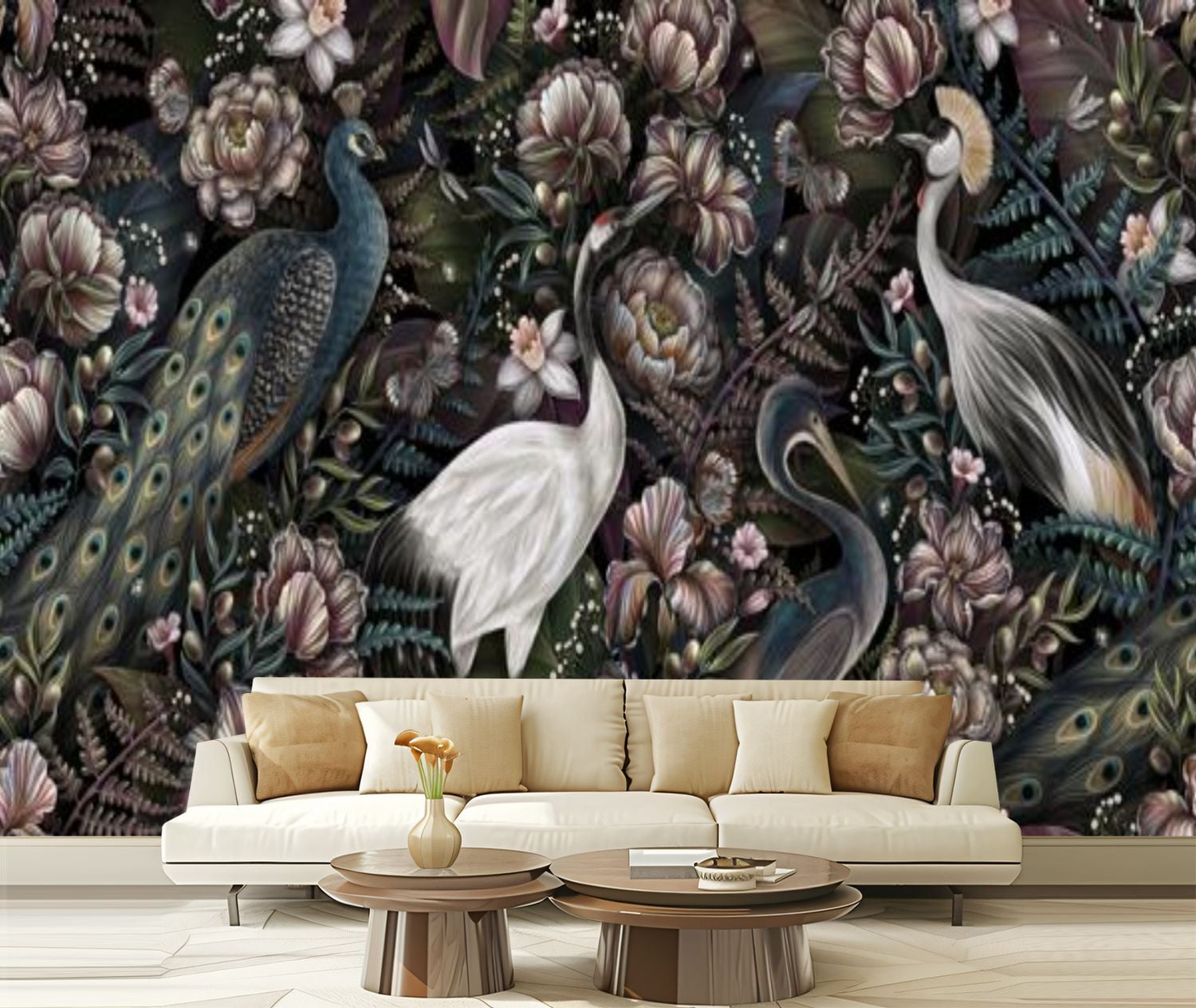 Peel and Stick Wallpaper Canvas Royal birds crane heron Tropical
