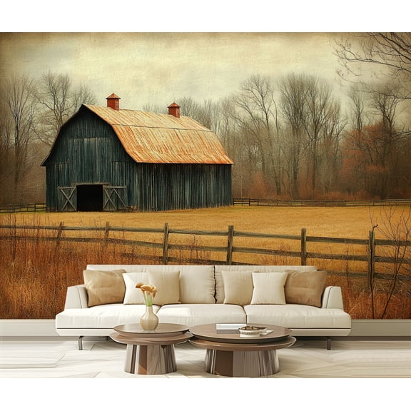Peel and Stick Wallpaper Canvas Rustic Farmhouse Vintage Barn Country Field Landscape Rustic Barn Open Modern Art Wall Mural Decor Self Adhesive and Removable 69in x 98in