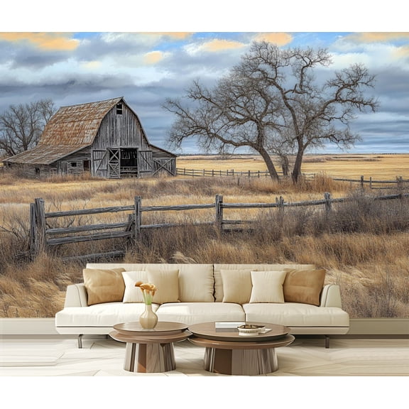 Peel and Stick Wallpaper Canvas Rustic Farmhouse Vintage Barn Country Field Landscape Rustic Barn Open Modern Art Wall Mural Decor Self Adhesive and Removable 69in x 98in