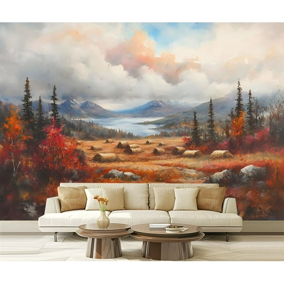 Peel and Stick Wallpaper Canvas Rustic Vintage Countryside Landscape Watercolour Haystacks Trees Modern Art Wall Mural Decor Self Adhesive and Removable 69in x 98in