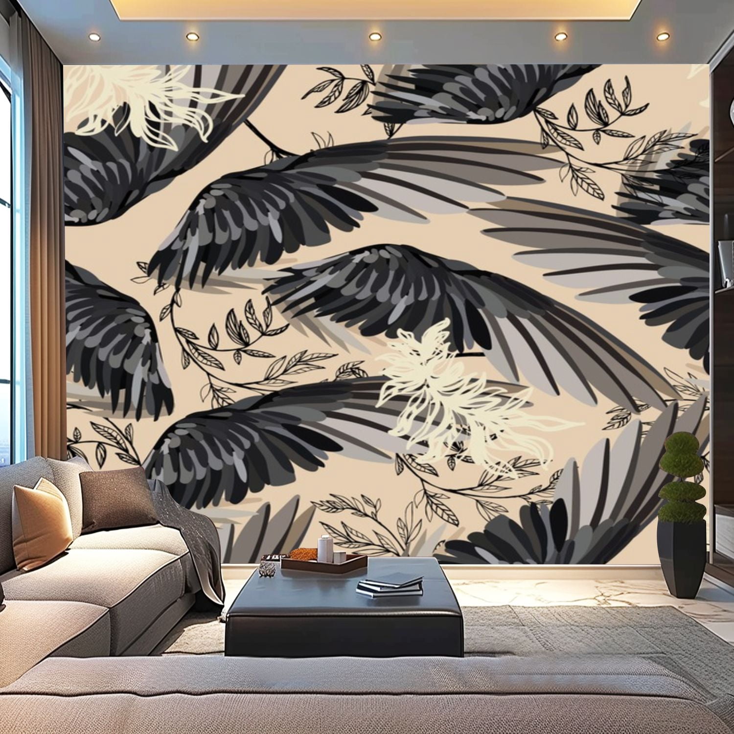 Peel and Stick Wallpaper Canvas Seamless Black raven wings floral ...